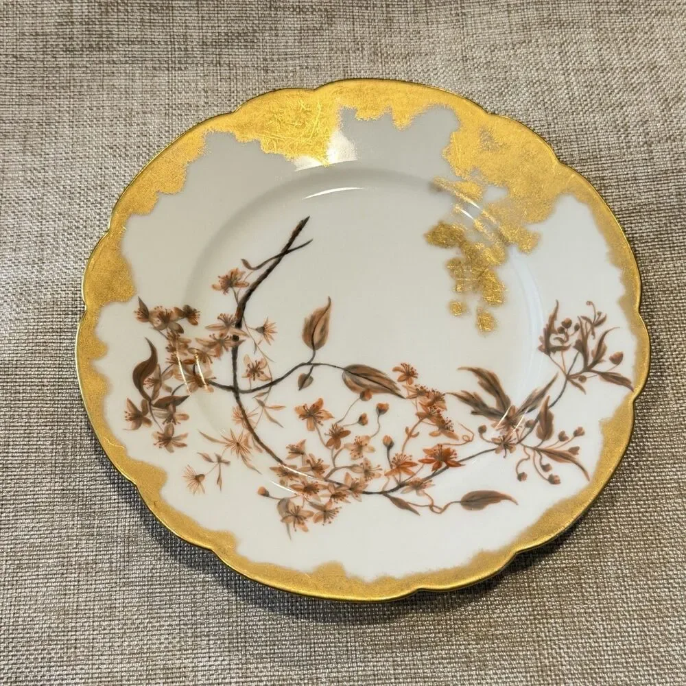 Antique H & Co Limoges Hand Painted Floral Orange Gold 7 3/4” Gold Edge Soft